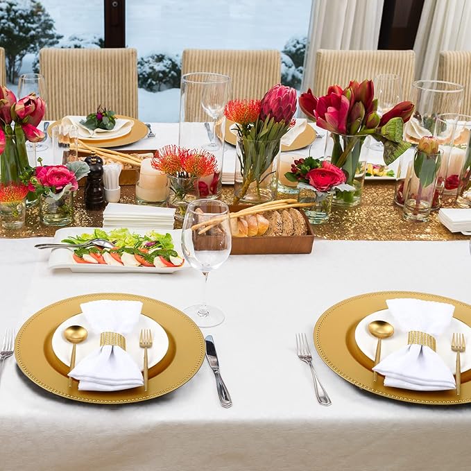 Rtteri 48 Pcs Charger Plates Set, Bulk 24 Plastic Plate Chargers with 24 Napkin Rings, 13 Inch Round Dinner Chargers for Table Setting Wedding Party Baby Shower Event Decoration(Gold)