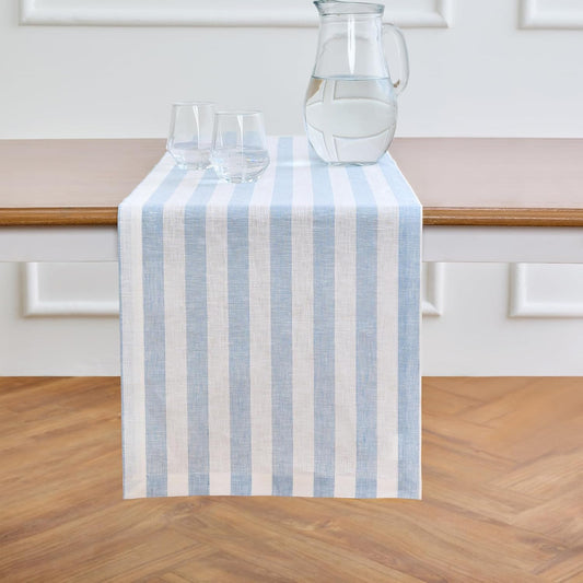 Solino Home Linen Table Runner 132 Inches Long - Sorrento Stripe, 100% Pure Linen Blue and White Farmhouse Table Runner 14 x 132 Inch for Dining