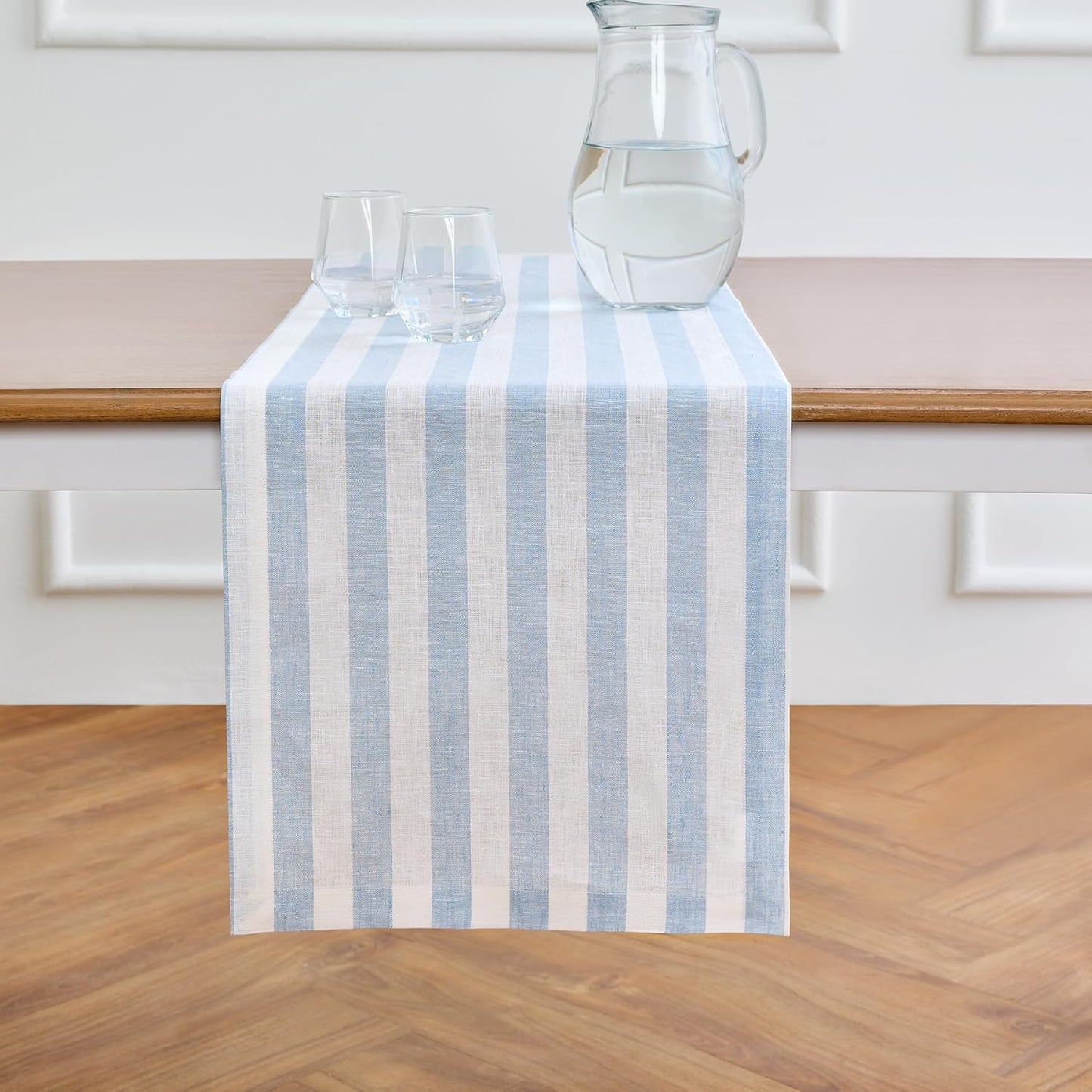 Solino Home Linen Table Runner 144 Inches Long - Sorrento Stripe, 100% Pure Linen Blue and White Table Runner 14 x 144 Inch for Dining