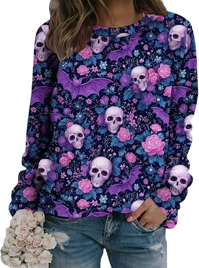 LIZALIG Pullover Cute Sweatshirt Orange Skeleton Fall Festive FunWomens Design Bat Holiday Party Outings Pumpkin Print