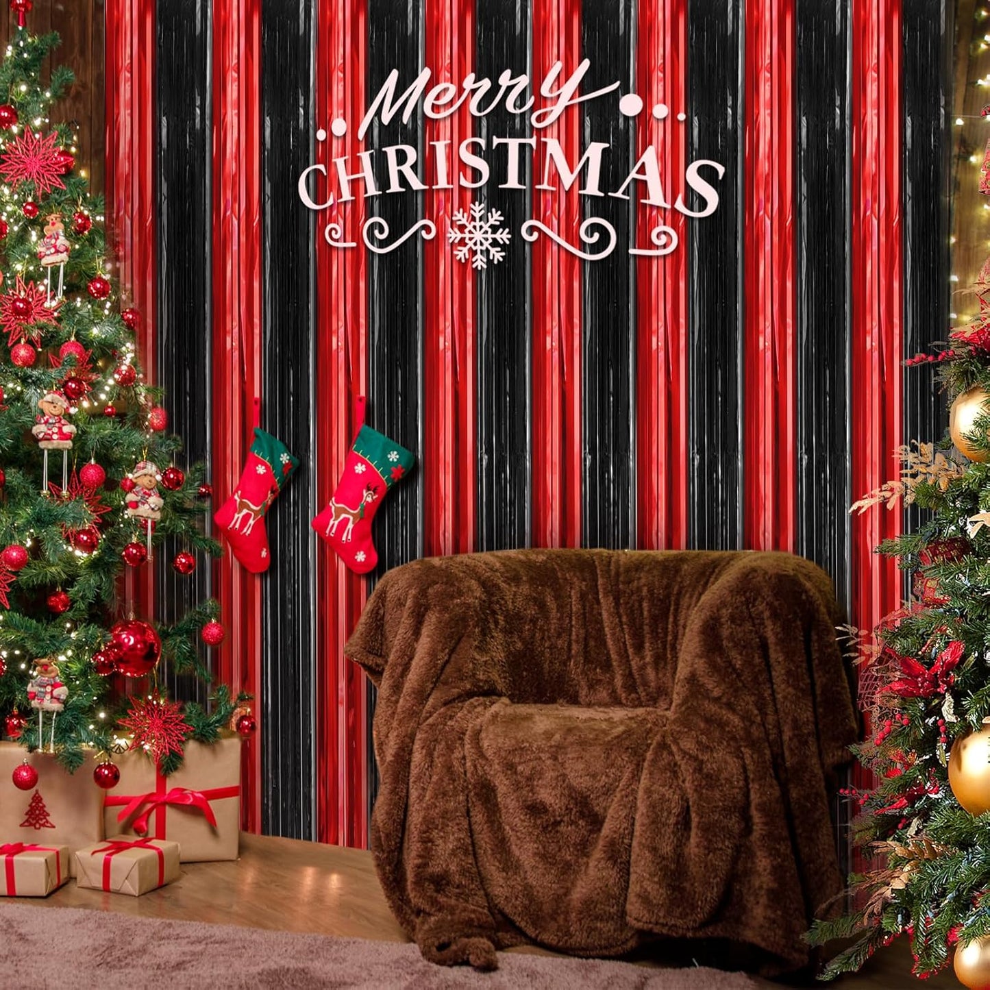 Accevo 3Pack Red Black Party Streamers 3.2x8.2 Feet Metallic Foil Fringe Curtains Tinsel Streamers Party Decor Photo Booth for Christmas Halloween Wedding Birthday Xmas Anniversary Party Decorations