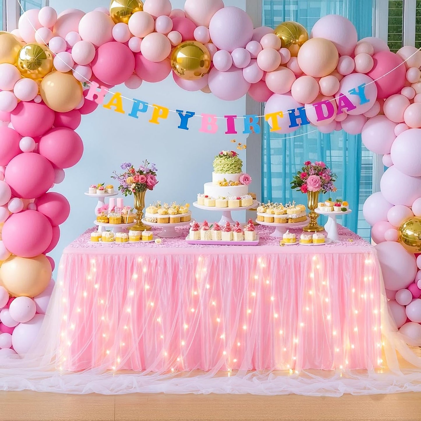 9FT Pink Tulle Table Skirt for Rectangle or Round Tables, Pink Tutu Table Skirt with LED Lights for Princess Girl Birthday Party Baby Shower Gender Reveal Wedding Banquet Cake Dessert Decorations
