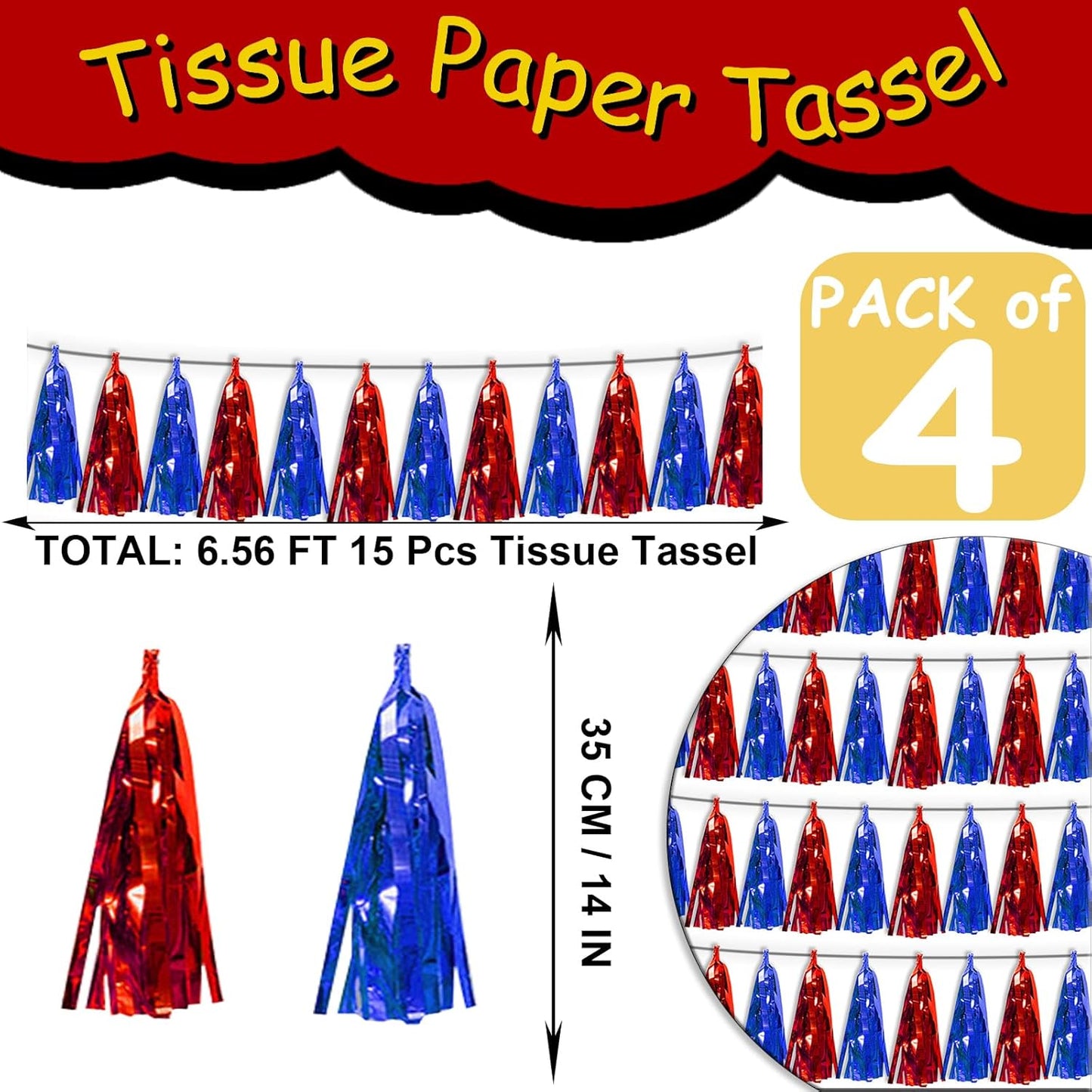 4P Blue Red Tassel Banner Garland Metallic Foil Fringe Banner Tinsel Tassels Streamer Banner Backdrop for Parade Floats, Graduation, Independence Day, 4th of july, Patriotic Themed Party Decoration