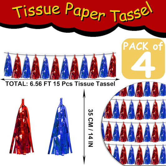 4P Blue Red Tassel Banner Garland Metallic Foil Fringe Banner Tinsel Tassels Streamer Banner Backdrop for Parade Floats, Graduation, Independence Day, 4th of july, Patriotic Themed Party Decoration