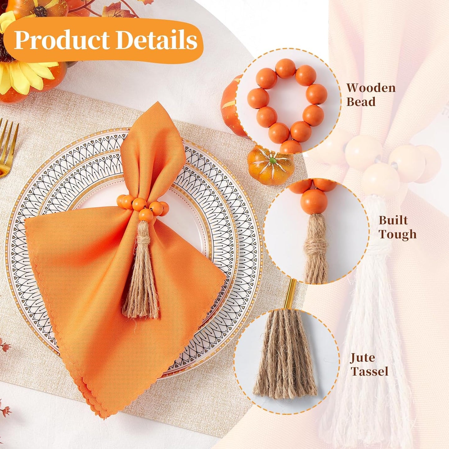 AWTWOW Napkin Rings Set of 12, Orange Wooden Bead Napkin Rings for Table Decor, Thanksgiving Farmhouse Napkins Rings for Boho Table Decor, Fall Banquet, Wedding, Holiday Dinner Party, Easter