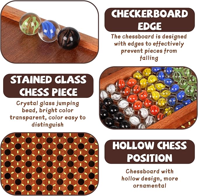 15-Inch Wooden Chinese Checkers Board Game Set – Classic Strategy Game with 72 Glass Marbles, Dual-Sided Storage Drawer, Family Board Games for Adults, Educational Travel and Indoor Game