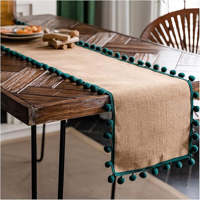 Natural Jute Table Runner, Burlap Style Table Runner, Rustic Farmhouse Table Runner Country Vintage for Wedding, Party Table Decorations, Boho Décor Jute Green Balls 12x63 inch TAB28
