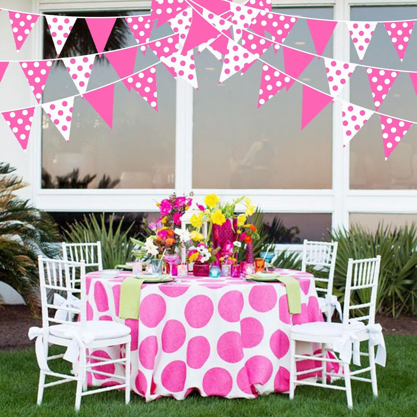 32Ft Hot Pink Party Decorations Pink Fabric Pokal Dot Pennant Triangle Banner Party Flag Bunting Streamer Garland for Birthday Wedding Baby Shower Anniversary Home Outdoor Garden Decor Supplies