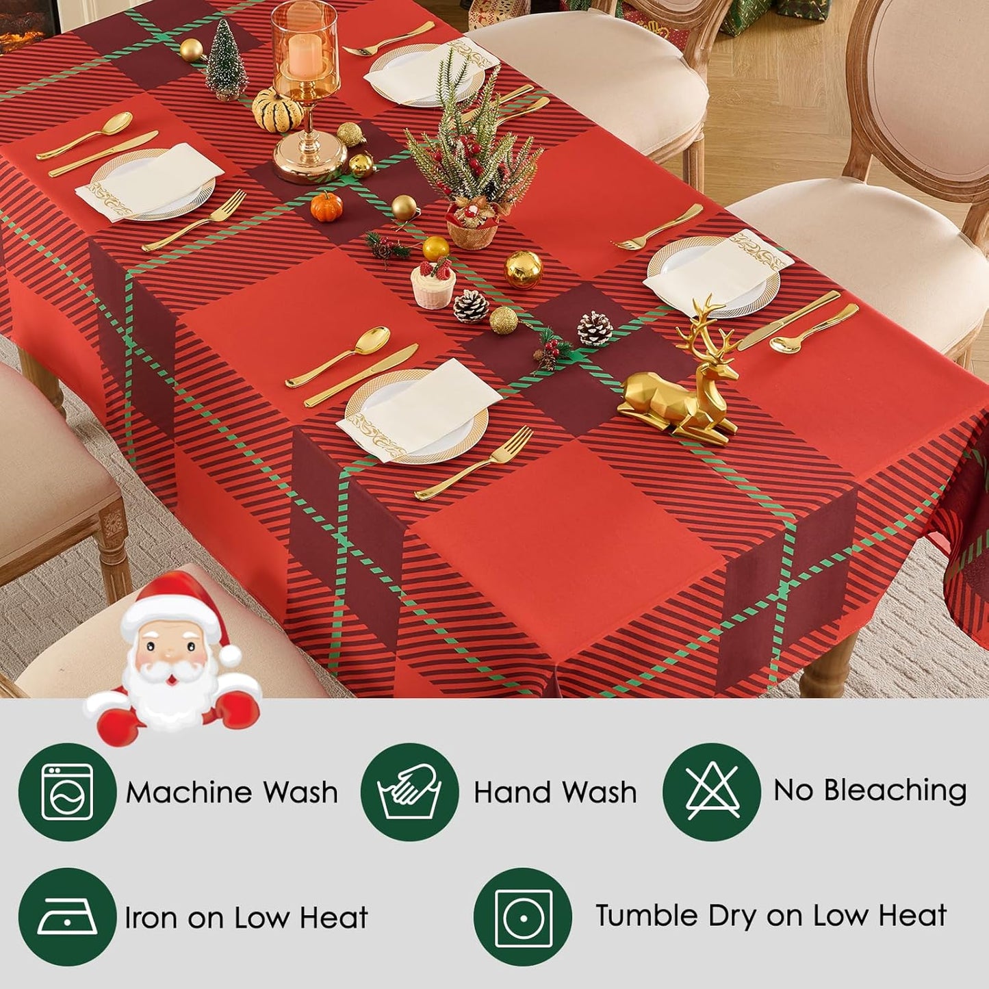 Christmas Tablecloth Rectangular 60x102 Inch Waterproof, Machine Washable Checkered Polyester Table Cover for Xmas Party, Winter Holiday Home Decoration in Festive Checkered Red 1pack