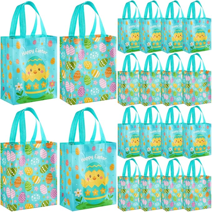 Wovnet 30 Pcs Easter Gift Bags Pastel Colors Easter Eggs Goodie Treat Tote Bags with Handle Reusable Non Woven Eggs Party Favor Pouch for Spring Party Supplies 10 x 8 x 4in