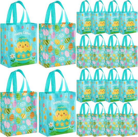 Wovnet 30 Pcs Easter Gift Bags Pastel Colors Easter Eggs Goodie Treat Tote Bags with Handle Reusable Non Woven Eggs Party Favor Pouch for Spring Party Supplies 10 x 8 x 4in