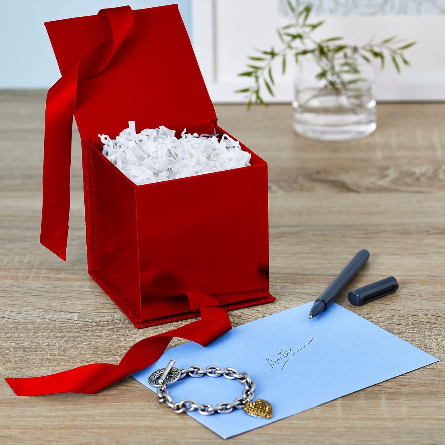 Hallmark Small Gift Box with Bow and Shredded Paper Fill (Red Signature 4 inch Gift Box with Glitter) for Birthdays, Graduations, Anniversaries, Christmas, Valentine's Day, All Occasion