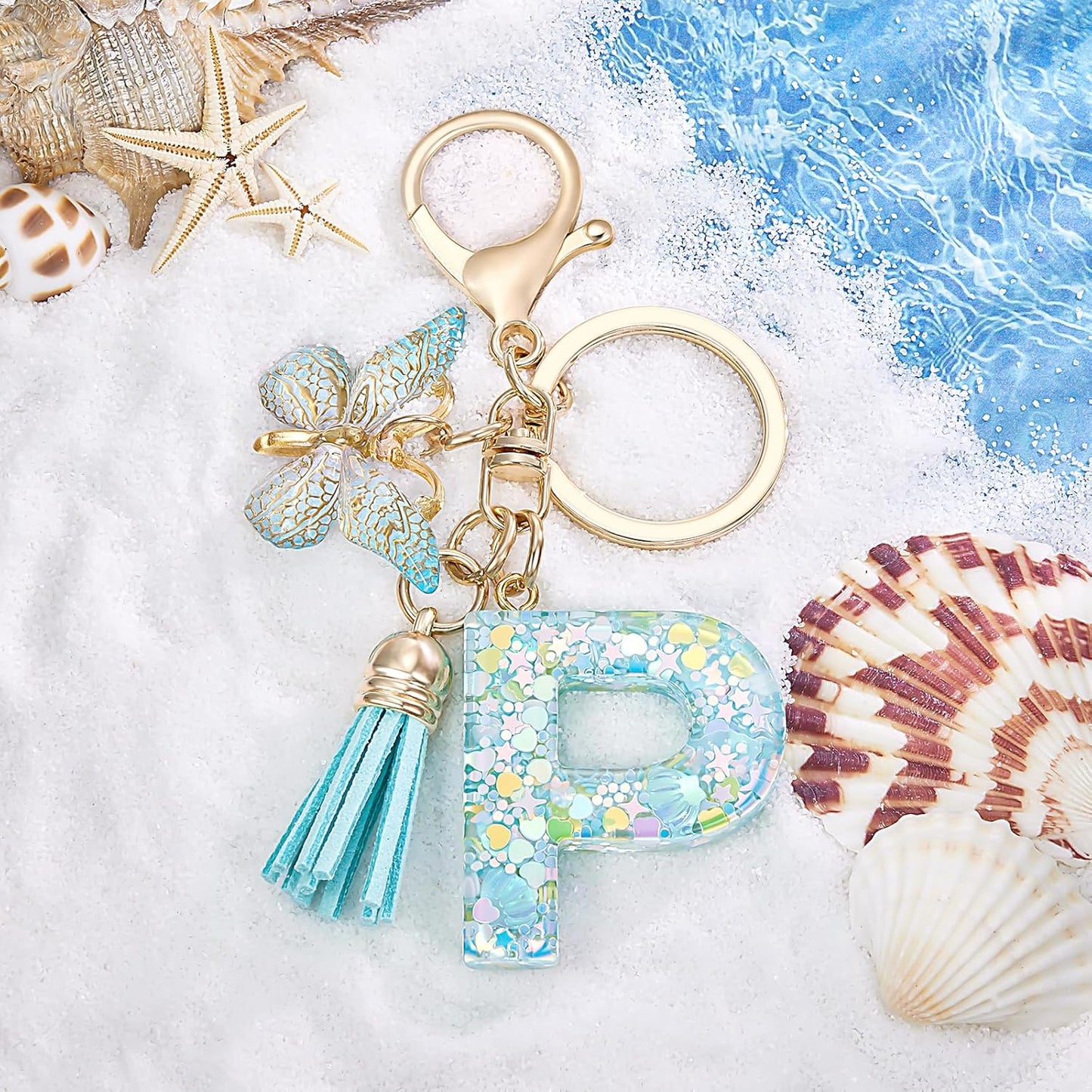 Fashion Alphabet Initial Letter Keychain Tassel Butterfly Pendant Key Ring for Purse Handbags Women Girl