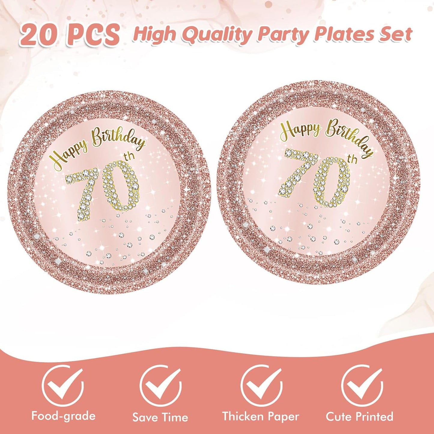 70th Birthday Decorations, Rose Gold Birthday Party Supplies Include 20Pcs Plates 20Pcs Napkins Sweet Seventy Year Old Party Tableware for Girl Ladies Women