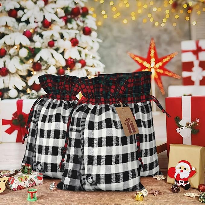 PULaif Black And White Plaid Christmas Drawstring Gift Bags, Large Size Christmas Bags For Gifts Party Favors, Xmas Gift Bags