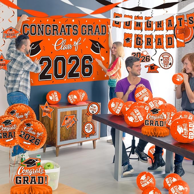 Orange Themed 2026 Graduation Decorations Set - Congrats Grad Banner, Class of 2026 Backdrop, Balloons & Streamers Kit - Complete Party Supplies for High School & College Celebrations