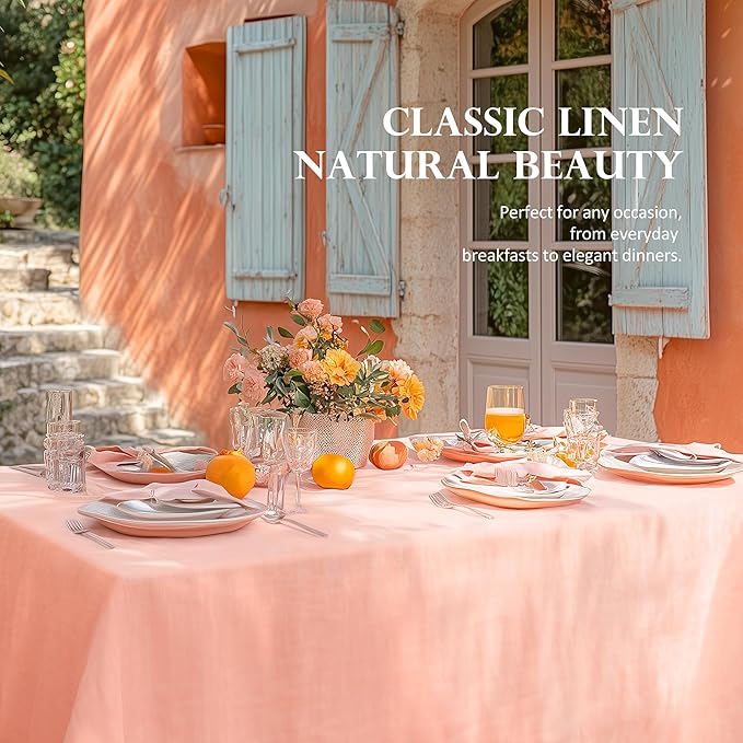 Linen World Linen Tablecloth,100% French Natural Flax Tablecloth 108" x 60" Inch,Washable Rectangular Table Cloth for Dining,Outdoor,Weddings and Restaurants,Decorative Christmas,Peach Pink