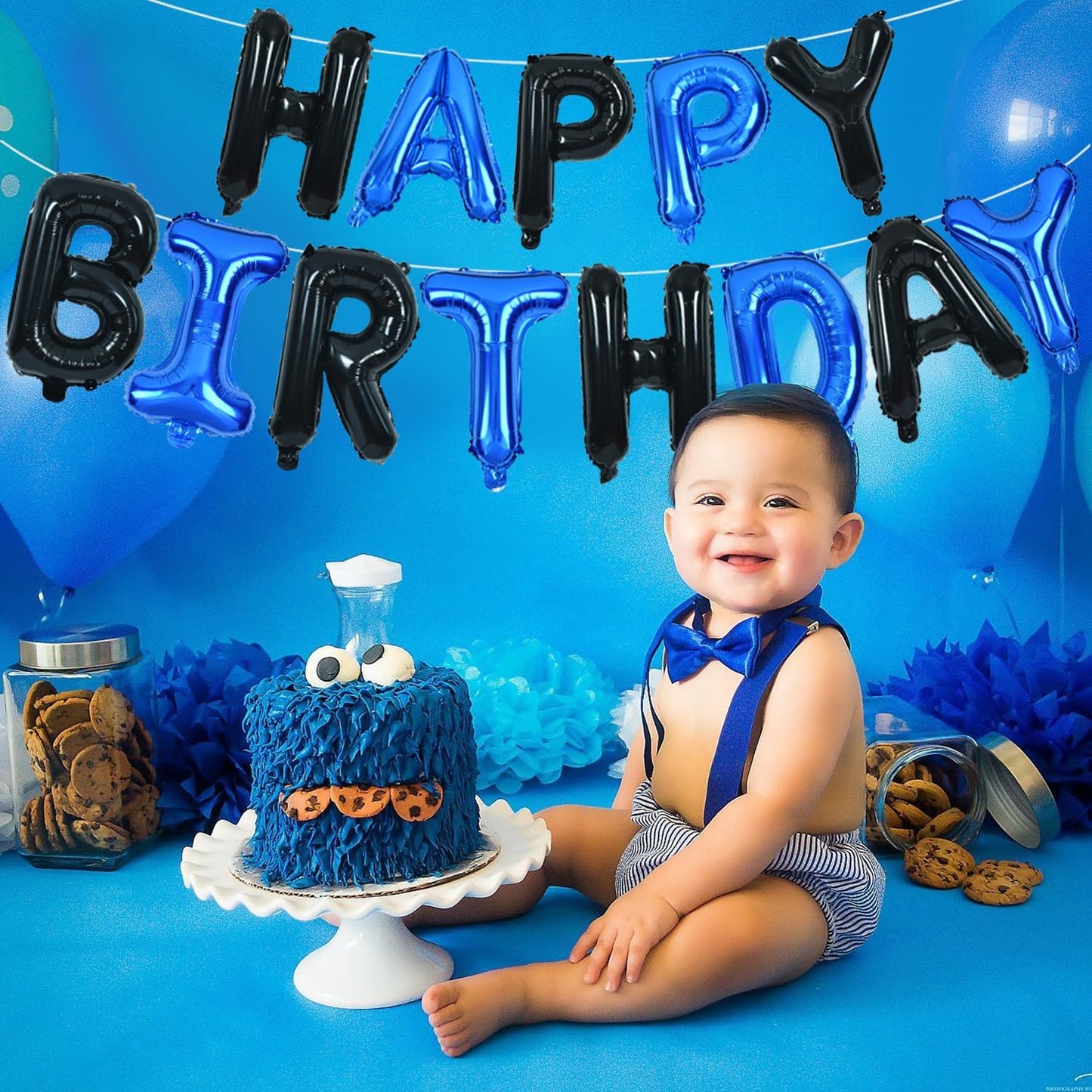 TONIFUL Happy Birthday Balloons Banner with Ribbon Straw, 16 Inch Mylar Letters Birthday Sign Banner Balloon Bunting Reusable for Girls Boys Kids & Adults Birthday Halloween Supplies（Black Blue）