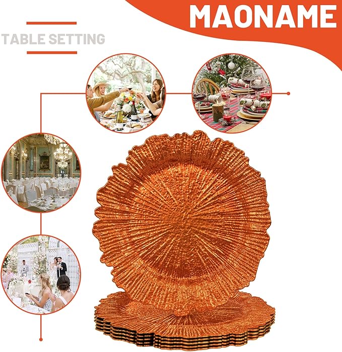 MAONAME Orange Charger Plates, Reef Plates Charger for Dinner Plate,13-inch Plastic Chargers for Wedding Decor, Set of 6