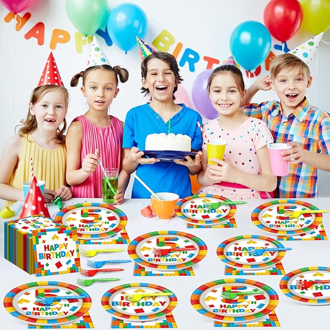 96 Pcs Building Blocks 5th Birthday Paper Plates and Napkins Building Bricks 5th Happy Birthday Tableware Set Brick Theme Party Disposable Plates Set for Boys Kids 5 Years Old Party Decorations
