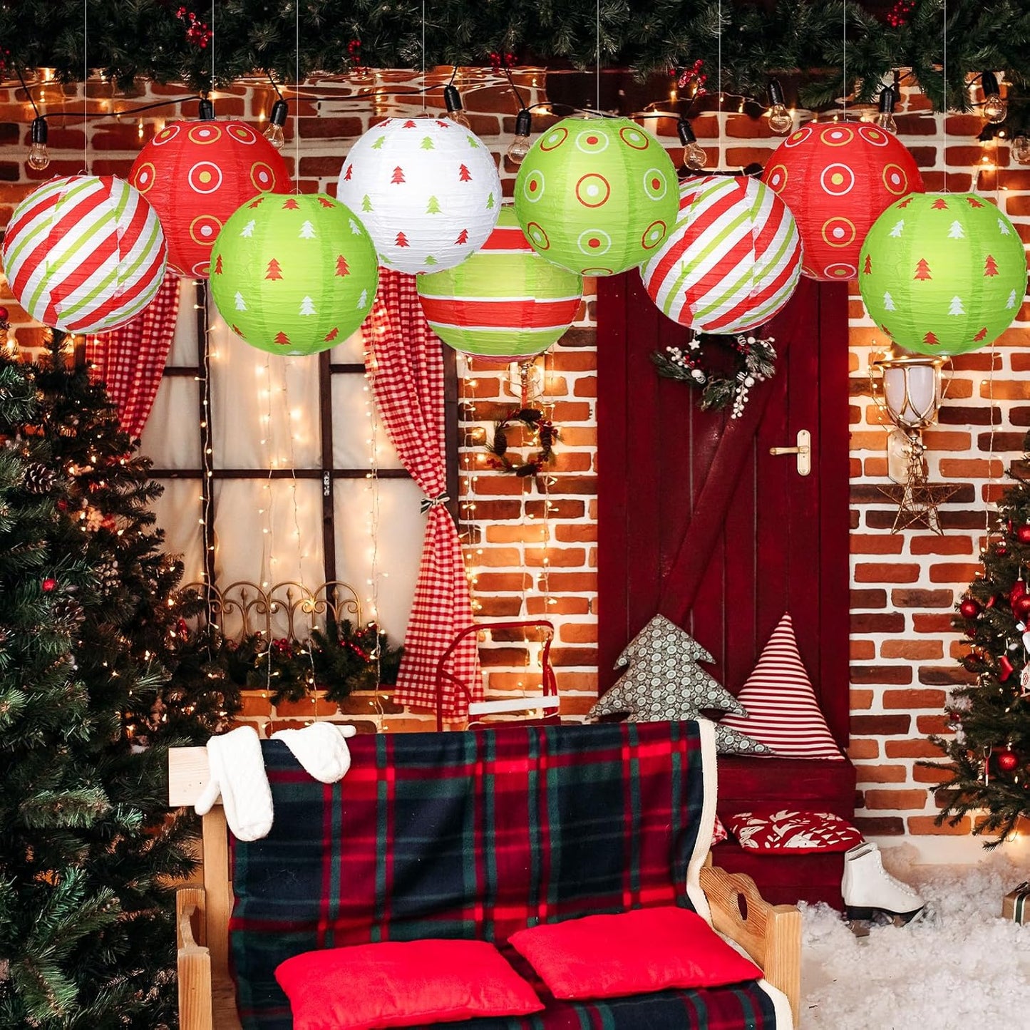 Bencailor 12 Pcs Christmas Hanging Paper Lanterns Set Decorative Christmas Party Lanterns Round Hanging Lamps for Xmas Home Decoration Supplies Props Graduation Holiday Decor(Christmas Tree, 12 Inch)