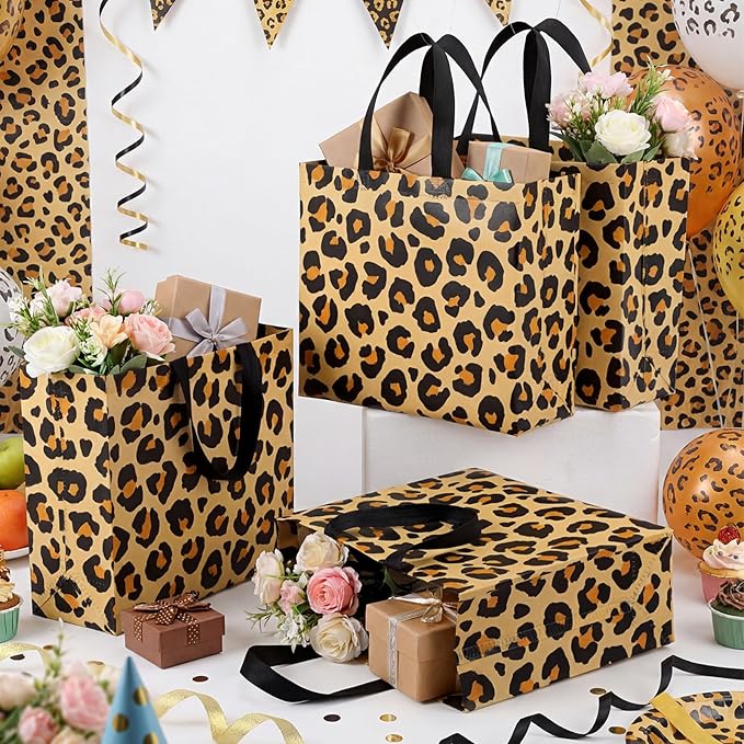 Abbylike 30 Pack Leopard Print Reusable Gift Bag Bulk Large Brown Animal Print Shopping Bag for Jungle Birthday Party Favor