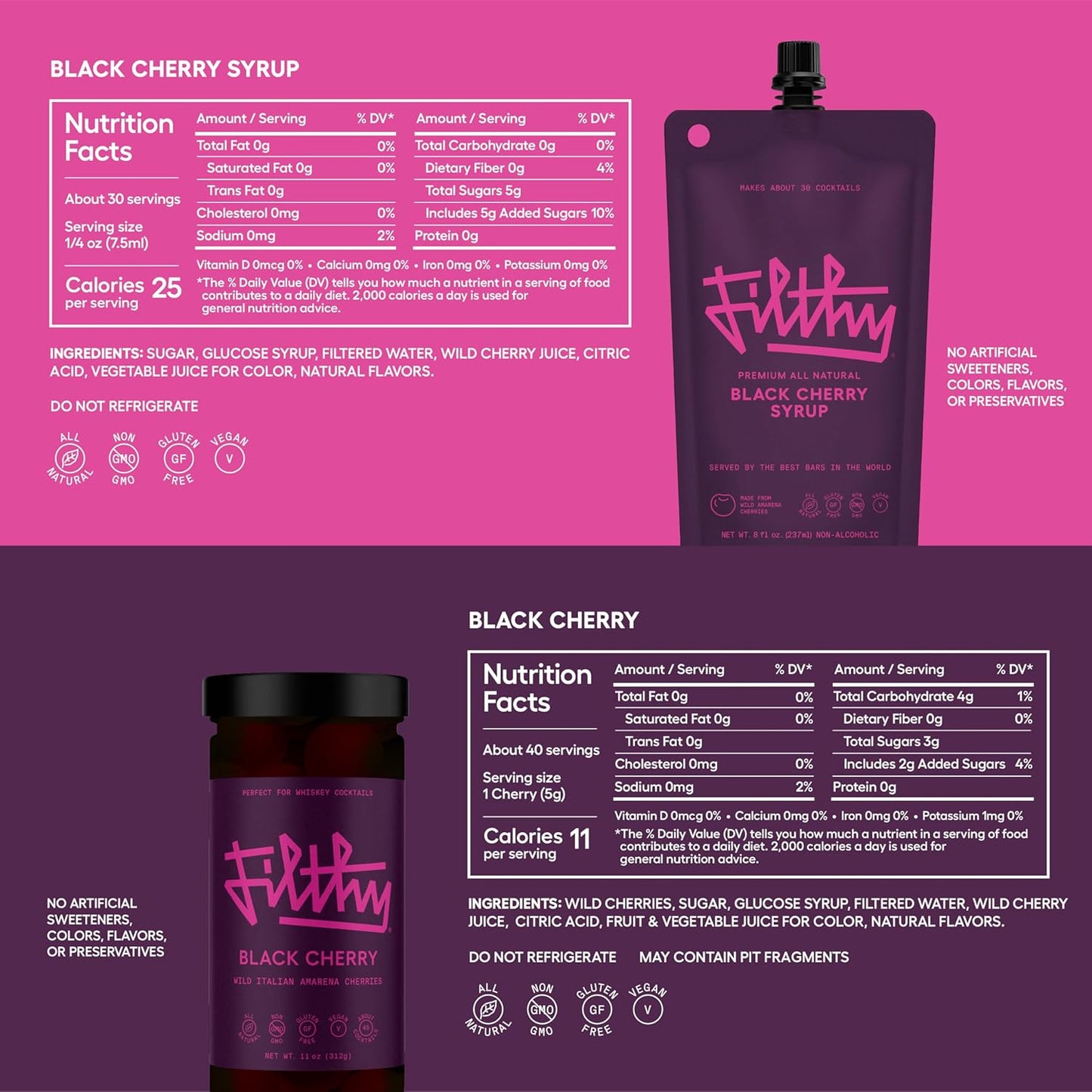 Filthy Black Cherry Whiskey Cocktail Kit, Premium Cocktail Kit for Old Fashioneds and Manhattan Cocktails at Home, Includes Black Cherry Syrup, Black Cherries & 4 Stainless Steel Cocktail Picks