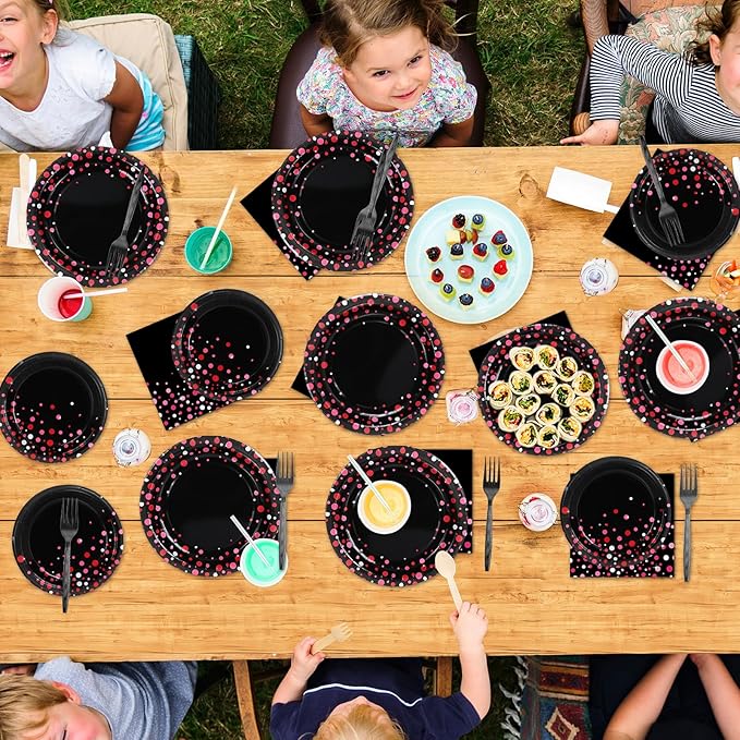 96PCS Hot Pink and Black Party Supplies Hot Pink Dots on Black Paper Plates Napkins Bachelorette Bridal Shower Party Decorations Girl Birthday Dinnerware Favor Coquette Tableware Serves 24