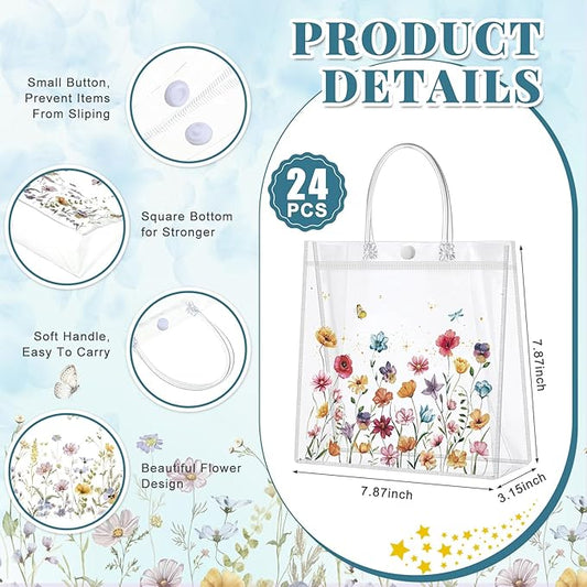 Kacctyen 24 Pcs Wildflower Party Favor Wildflower Clear PVC Gift Bags for Wedding Birthday Baby Shower Butterfly Flower Printed Treat Bags with Handles Return Gift Wrap Totes for Guests