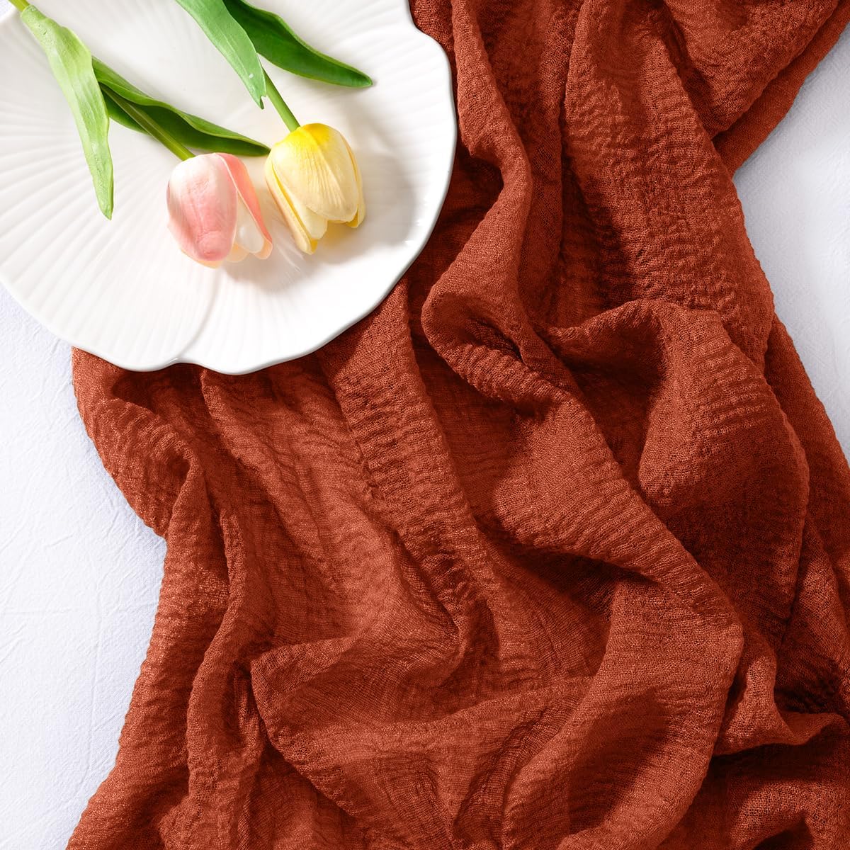 Socomi 6pcs Terracotta Cheesecloth Table Runner Fall Thanksgiving Gauze 120 Inch Rustic Boho Cheese Cloth Runner for Wedding Party Baby Bridal Shower Centerpiece Decoration