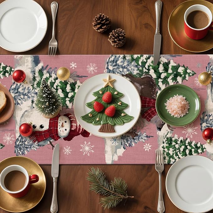 Artscope Reindeer Snowman Christmas Tree Table Runner, Xmas Winter Snowflakes Holiday Kitchen Dining Table Decoration for Christmas Home Party Decor 13x120 Inch-Pink