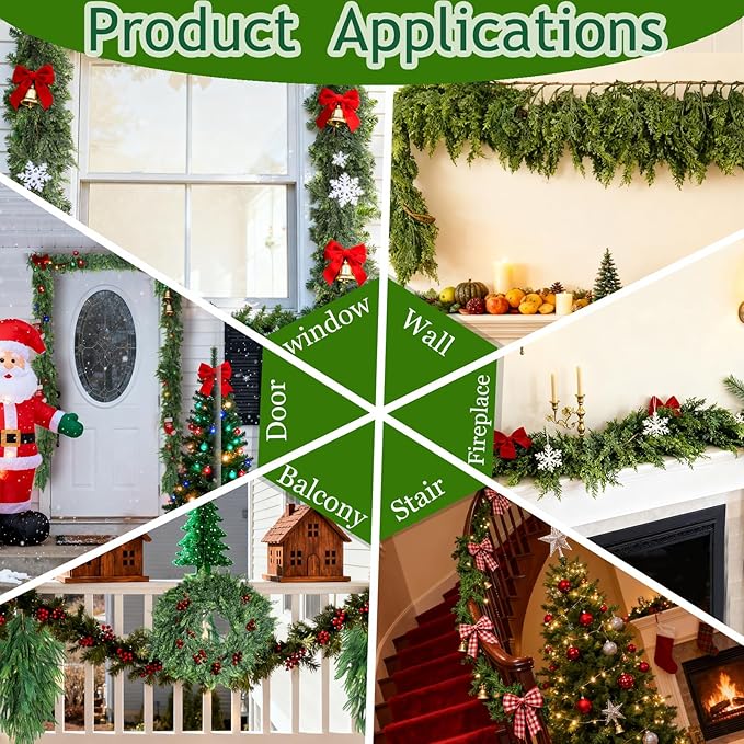 Grever 6 Feet Artificial Cedar Garland Real Touch Fake Evergreen Greenery Garland for Indoor and Outdoor Fireplace, Mantle, Door, Windows, Table, Stairs, Wall, Wedding and Holiday Decor