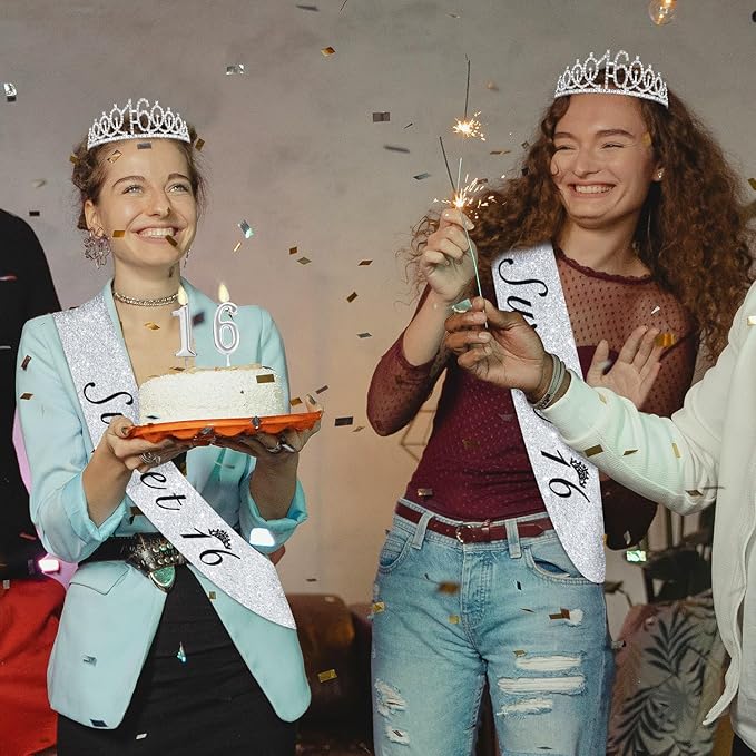 Sweet 16 Party Decorations for Girls with Sweet 16 Sash Silver, Rhinestone 16th Birthday Tiara, 16 Candles Silver, 16th Birthday Gifts for Girls