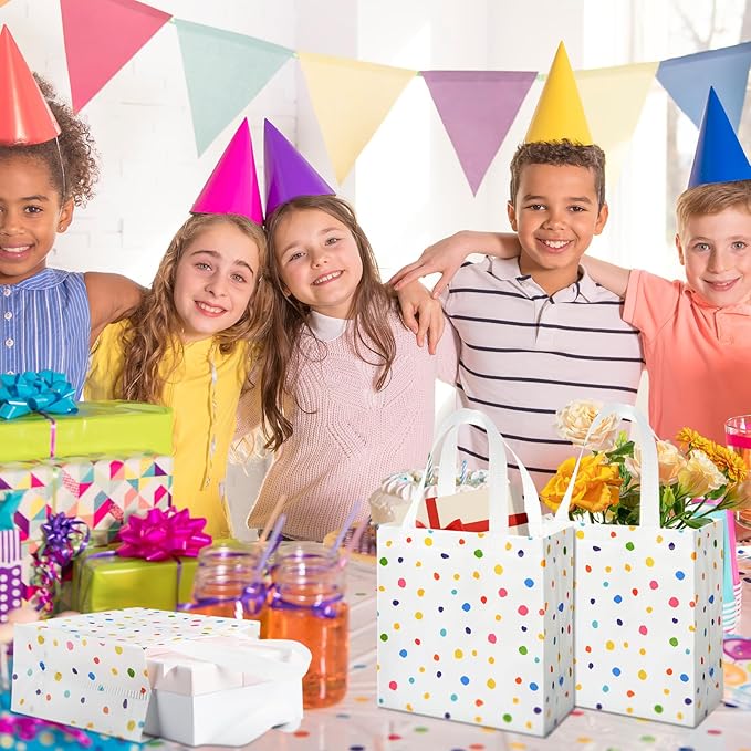 Sweetude 16 Pcs Colorful Dots Gift Bag with Handles Party Favors Non Woven Reusable Tote for Women Wedding Birthday Baby Shower Mothers Day Party Decorations(Colorful, Dots)