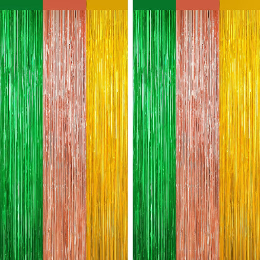 2 Pack Metallic Tinsel Foil Fringe Curtains, Door Streamers Photo Booth Backdrop for Birthday Party, Tinsel Curtain Backdrop for Baby Shower Christmas Party Decorations, Green Rose Gold and Gold