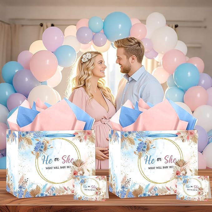 Gender Reveal Gift Bag Blue Pink Boy or Girl Paper Bag with Wrapping Paper Card What Will Baby Be Party Decoration Boho Flower Treat Candy Bag for Baby Shower Gender Reveal Birthday Party Supplies