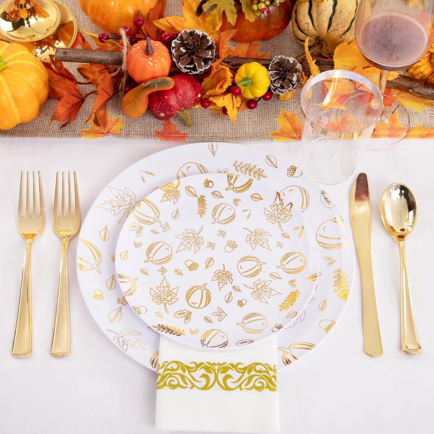 Supernal 175pcs Thanksgiving Plastic Dinnerware Set,Thanks Plates,Plastic Plates for Party,Gold Pattern Design,Gold Disposable Silverware,Disposable Cups and Napkins Perfect for Thanksgiving