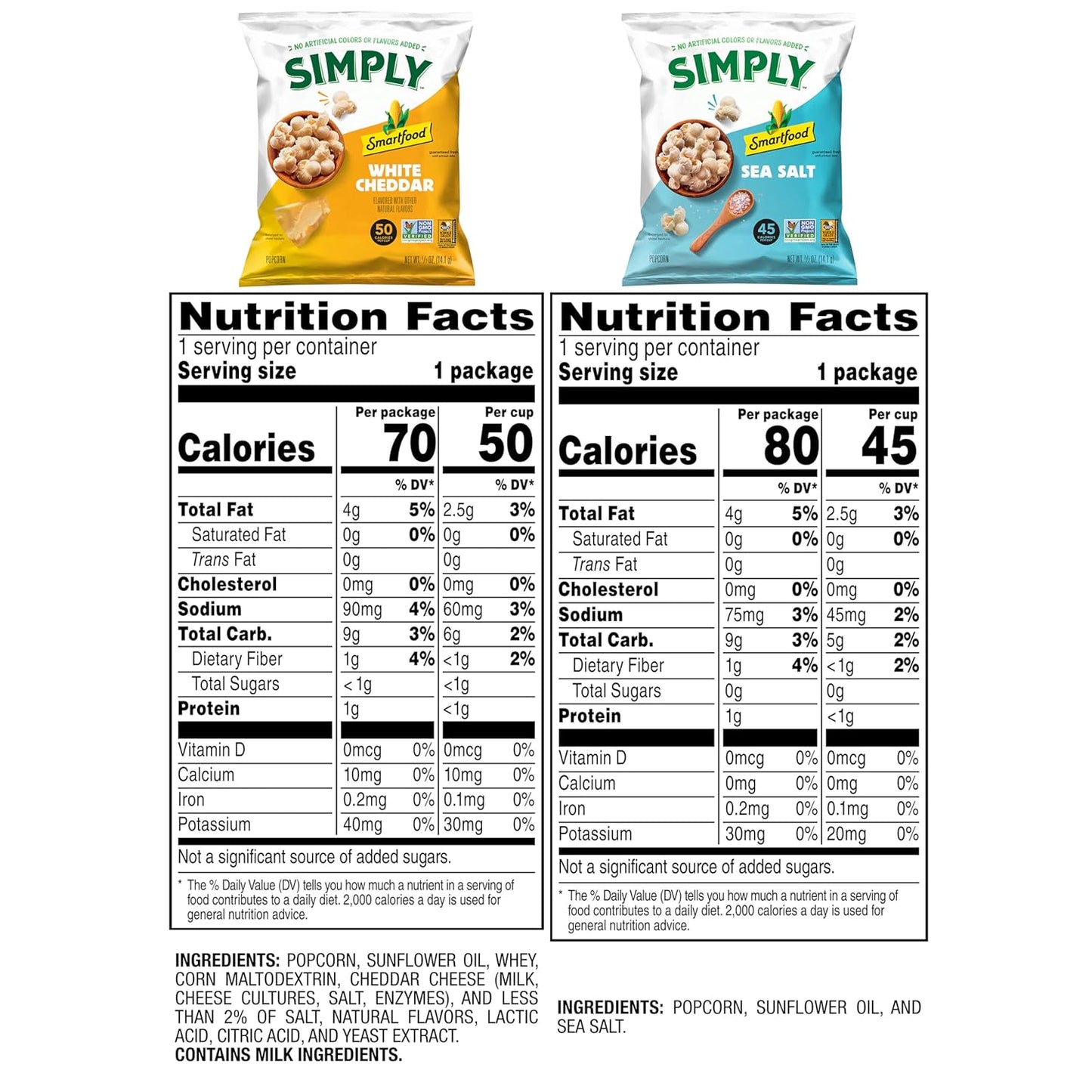 Smartfood Simply Variety Pack, White Cheddar and Sea Salt 0.5oz (36 Count)