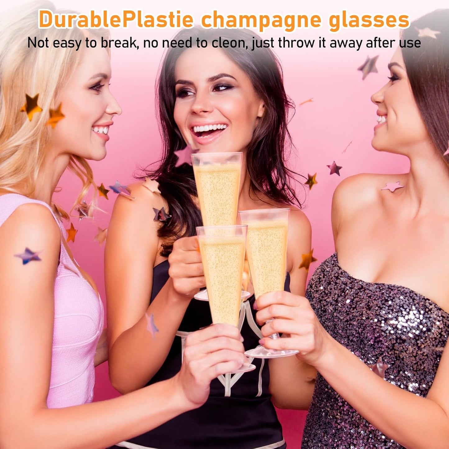 50 Pack Pink Clear Plastic Champagne Flutes, 5 Oz Disposable Champagne Glasses, Unbreakable Acrylic Mimosa Glasses Wedding Cocktail Cups for Engagement Birthday Graduation Party Decorations Supplies