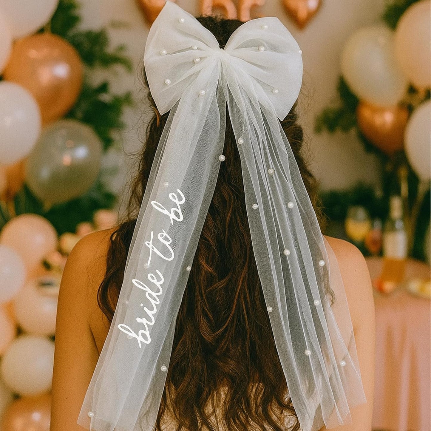 Bride to Be Bow Veil with Pearls, TWPER White Bridal Hair Bow Clip with Veil for Bachelorette Party, Bridal Shower, Wedding Morning, Engagement Photo Accessory