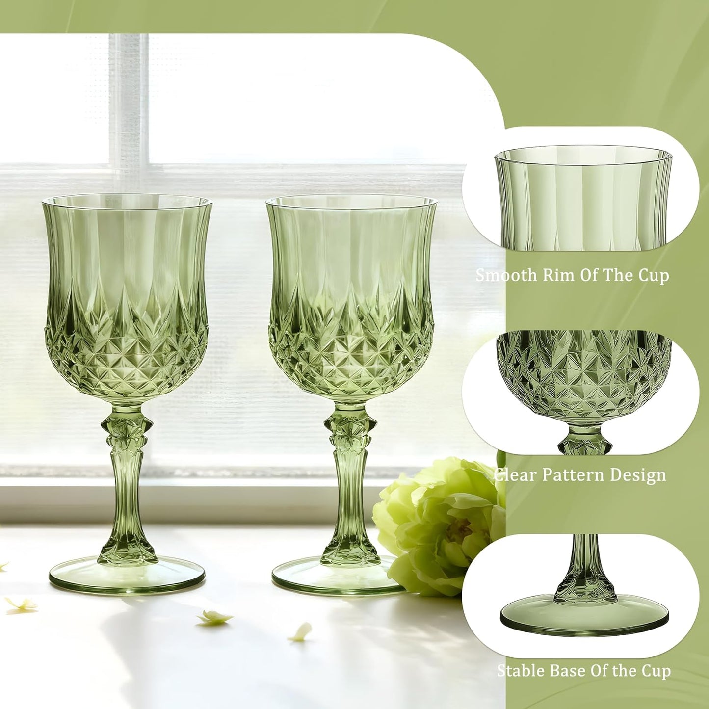 12PCS 7OZ Green Wine Plastic Glasses, Drinking Champagne Glasses Flutes Crystal Vintage Water Unbreakable Goblets for Christmas Wedding, Parties
