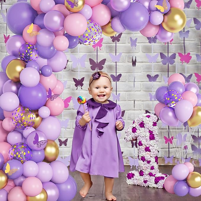 Purple Pink Butterfly Balloon Garland Arch Kit, Butterfly Baby Shower Decorations for Girl Women, Pink and Purple Gold Confetti Balloons for Birthday Bridal Shower Mothers Day Party Decorations