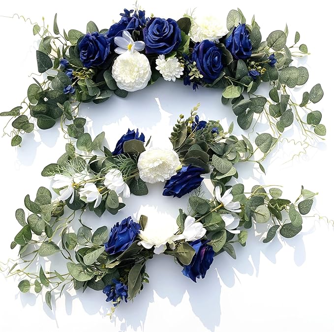 Wedding Arch Flowers,3Pcs Set White Rose Decorative Floral Swags, Artificial Greenery Eucalyptus Leaves Flower For Sheer Drapes, Wedding Chair, Arbor, Wedding Ceremony and Reception Arrangement