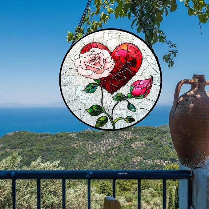 Stained Glass Window Hanging Red Heart Pink Rose Flower Large 15" - Suncatcher Door Garden Sun Catcher Decor Birthday Anniversary Valentines Day Gifts for Woman Wife Men Her Him Lovers Mom