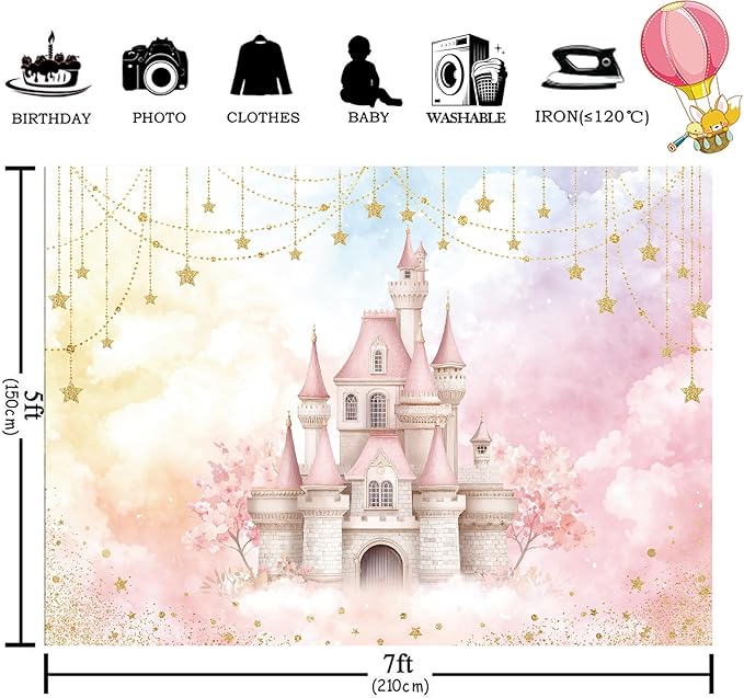 Homewelle Pink Fairy Castle Backdrop 7Wx5H Feet Polyester Fabric Pretty Starry Star Fantasy Ombre Clouds Flower Decoration Dreamlike Wonderland Aesthetic Photography Background Photo Shoot Props