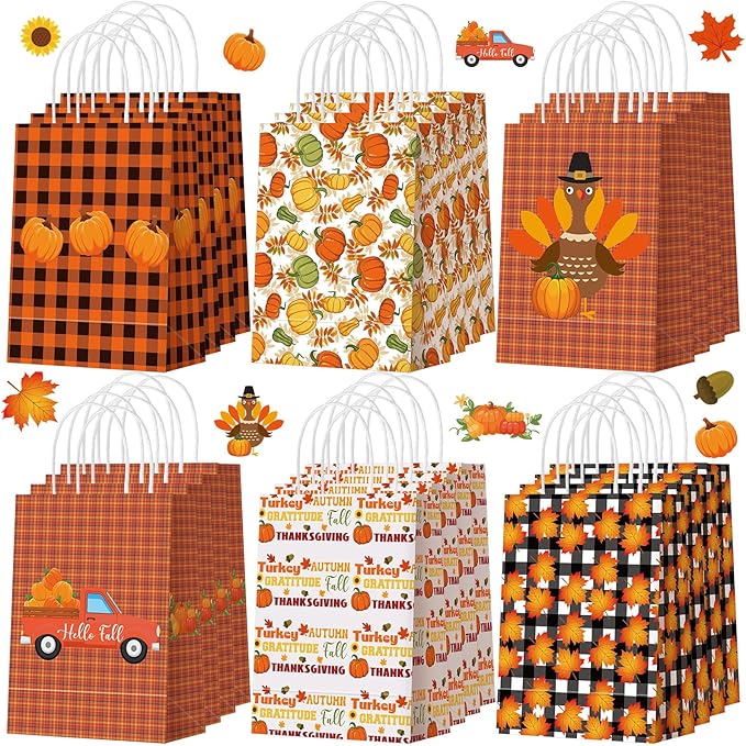 Glenmal 24 Pcs Thanksgiving Party Favors Bags Fall Gift Goodie Paper Bags with Handles Maple Leaf Pumpkin Pouch for Thanksgiving Party Decorations Supplies