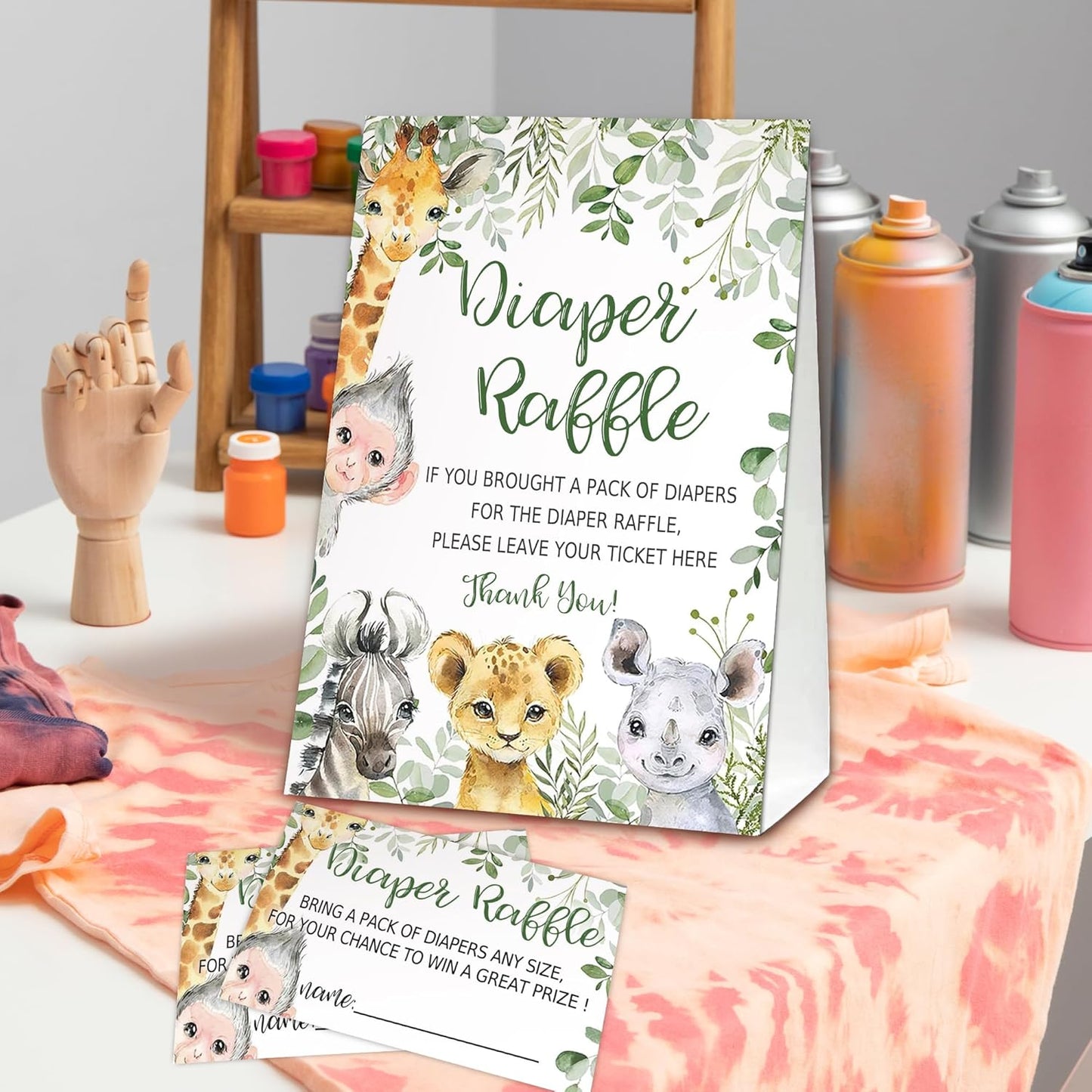 Jungle Animals Diaper Raffle Tickets for Baby Shower Game, 1 Standing Sign(5 * 7 Inch) & 50 Guessing Cards for Baby Shower Party Decoration