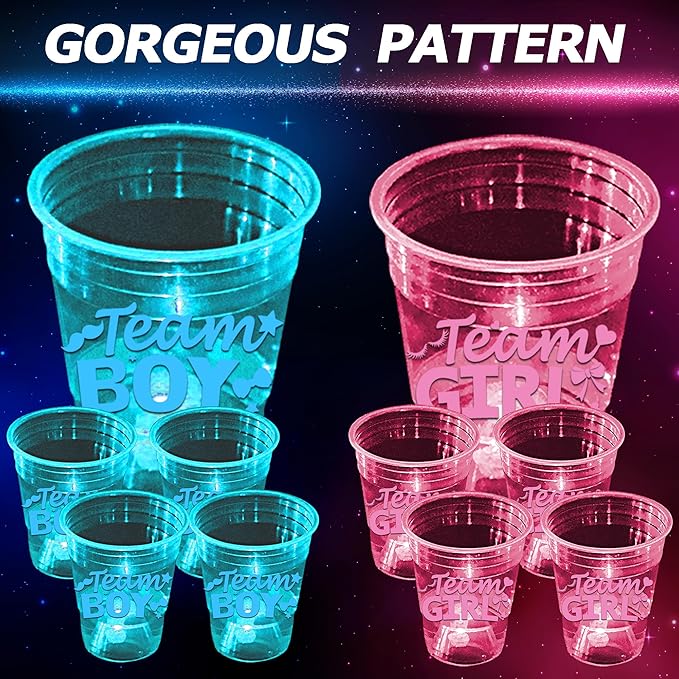 mishunyus 40-Pack Glow in the Dark Gender Reveal Cups - Team Boy & Girl Baby Shower Party Supplies (20 Blue + 20 Pink) 16 oz Plastic Cups for Gender Announcement Party Decorations