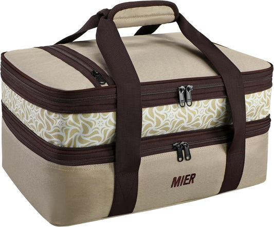 MIER Insulated Double Casserole Carrier Bag Thermal Lunch Tote for Lasagna Lugger, Potluck Parties, Picnic, Beach, Fits 9 x 13 Inches Baking Dish, Casserole Dish, Expandable by Mid Zipper, Khaki
