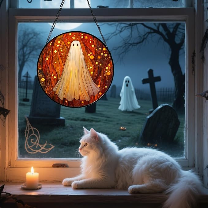 Stained Glass Window Hanging - Halloween Decoration Glowing Forest Ghost Suncatcher for Door Garden Spooky Orange Sun Catchers Gothic Decor Horror Gifts for Women Men Friend Boy Girl 6.3 in